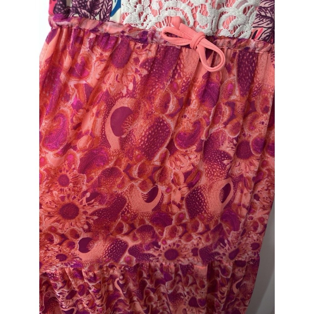 Maaji Maxi Dress Large Pink Mixed Print Lace Detail Boho Tiered Spaghetti Strap - Picture 7 of 10